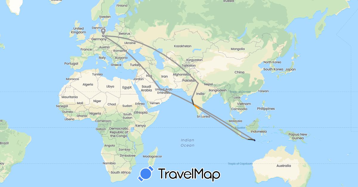 TravelMap itinerary: driving, plane, hitchhiking, motorbike in Germany, Indonesia, India, Qatar (Asia, Europe)